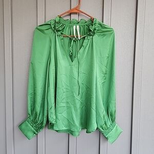 Green Ruffle-Neck Long Sleeve Women’s Blouse By Anthropologie,XXS